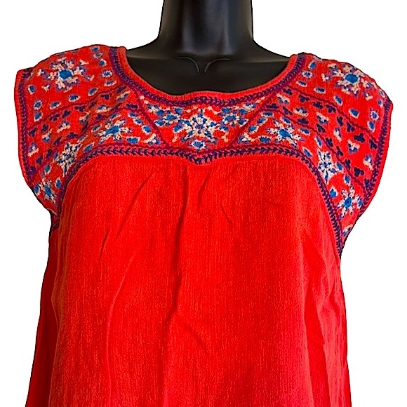 American Eagle Outfitters Top Embroidered Red Gauze Short Sleeve Summer Size XS - Picture 4 of 15